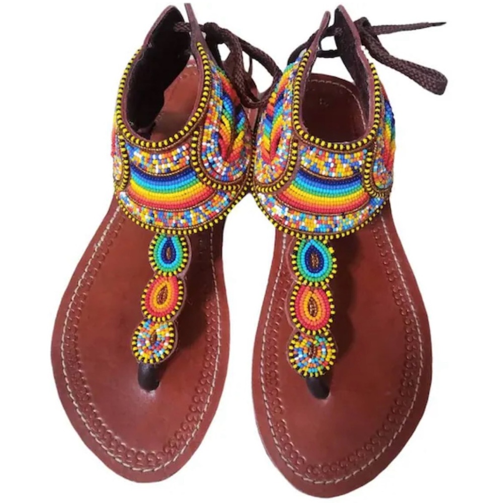 Colorful African Beaded Gladiator Sandals Size 41 (9.5) - Picture 2 of 5